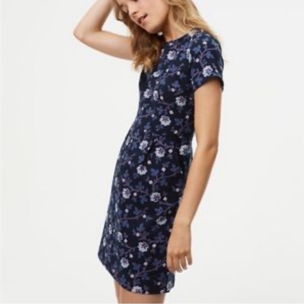 LOFT Sundance  Navy Floral Vine Short Sleeve Shift Dress, sz 2